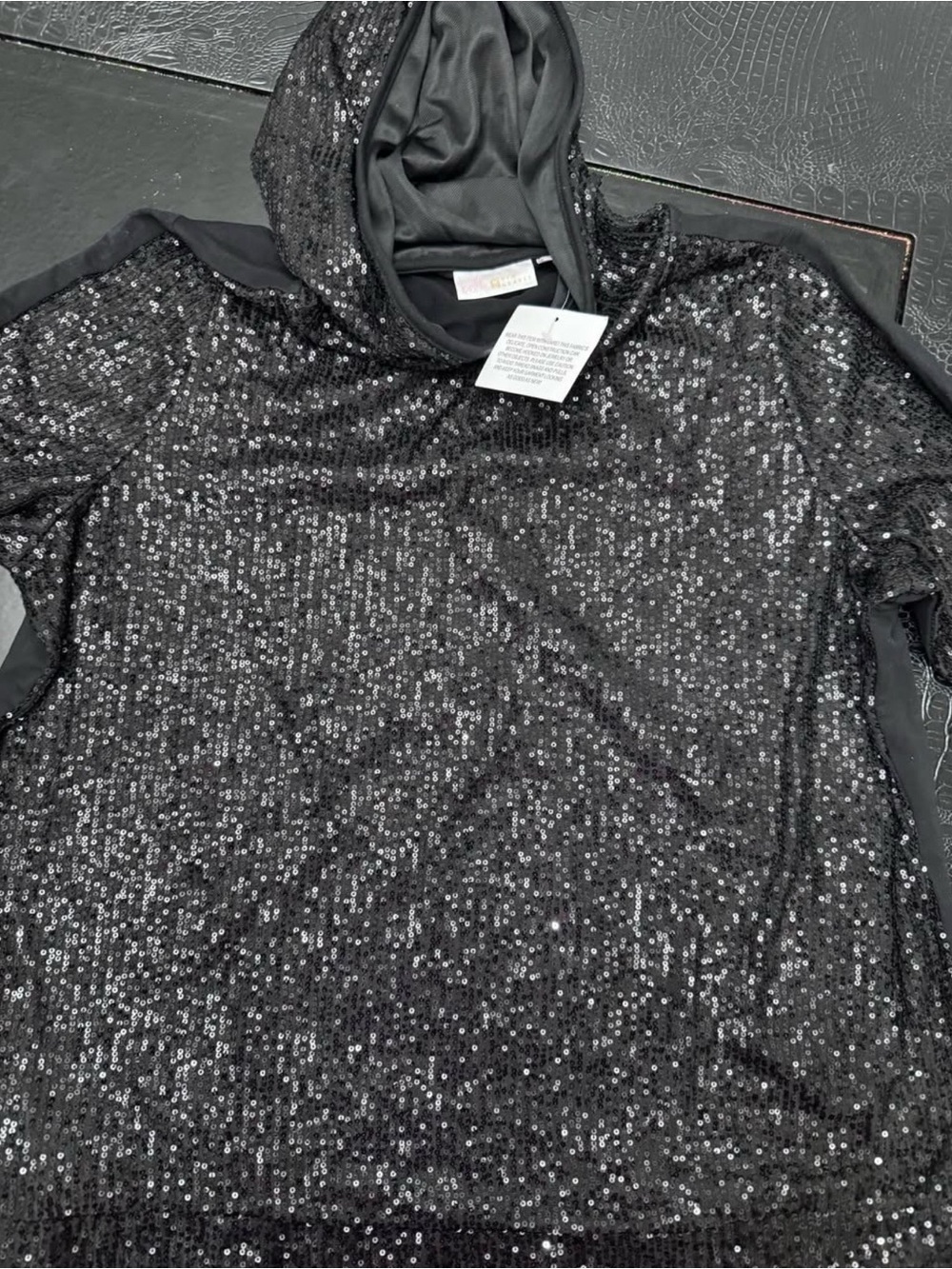 Black Sequin Hooded Top